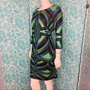 Retro Vintage Style Print Long Sleeve Sheath Stretch Dress